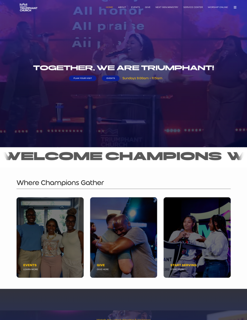 cResponsive church website design for Triumphant Church featuring an inspiring 'We Triumph' hero banner and modern navigation.