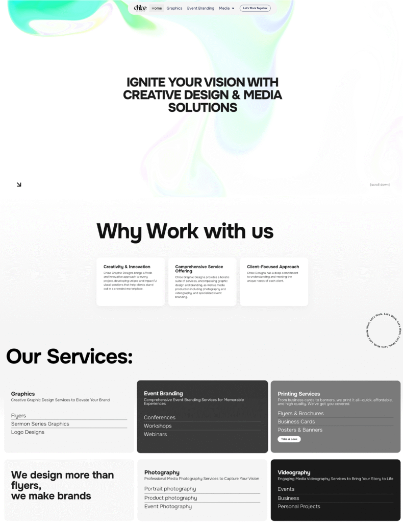 A digital gallery showcasing Chloe Darby Designs’ work in logo creation, flyer design, and large-scale conference branding.