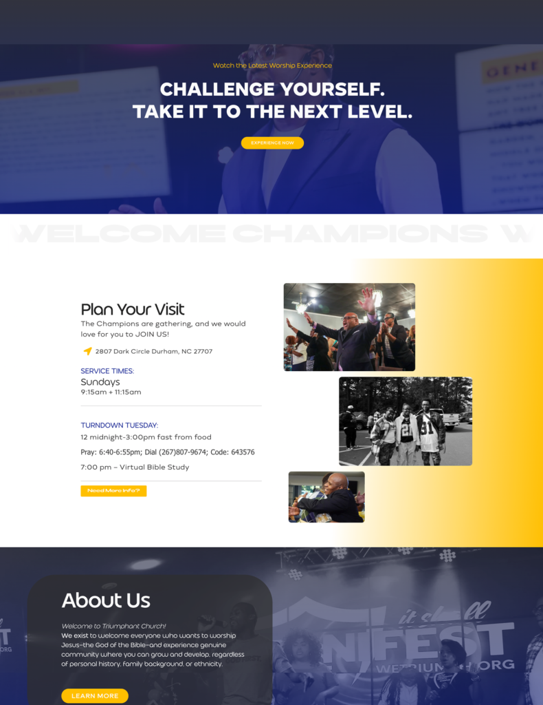 Responsive church website design for Triumphant Church featuring an inspiring 'We Triumph' hero banner and modern navigation.
