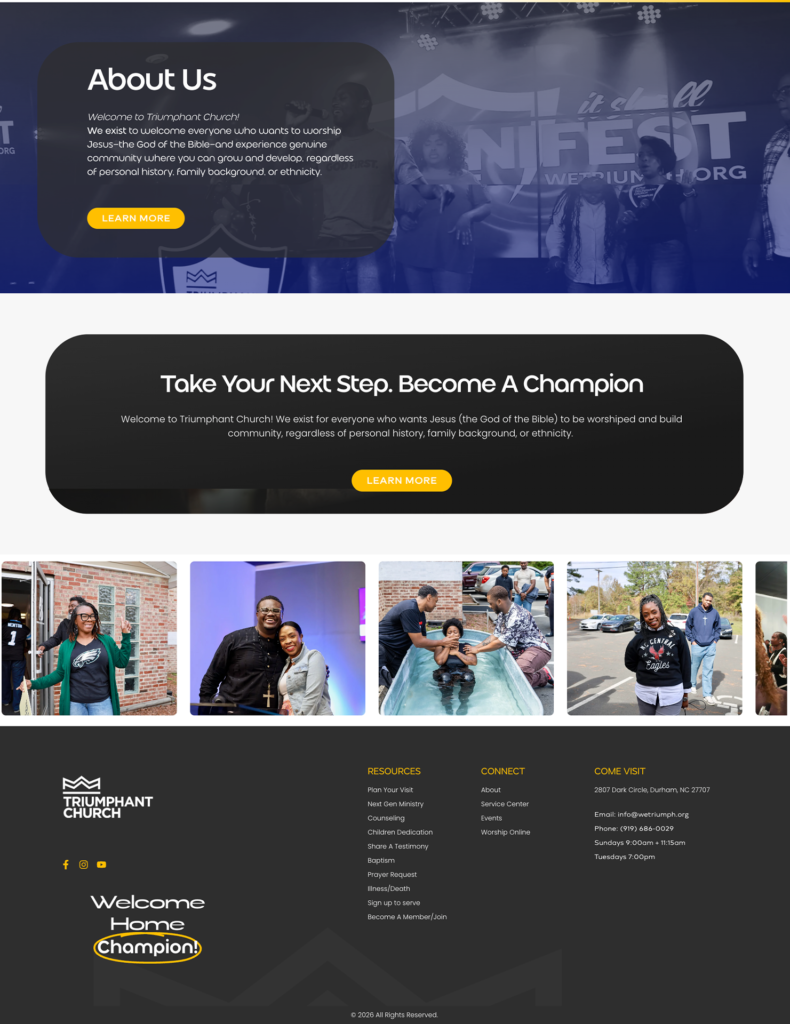 Responsive church website design for Triumphant Church featuring an inspiring 'We Triumph' hero banner and modern navigation.