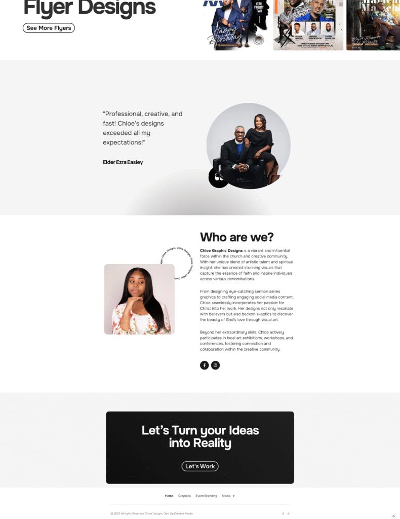 A digital gallery showcasing Chloe Darby Designs’ work in logo creation, flyer design, and large-scale conference branding.