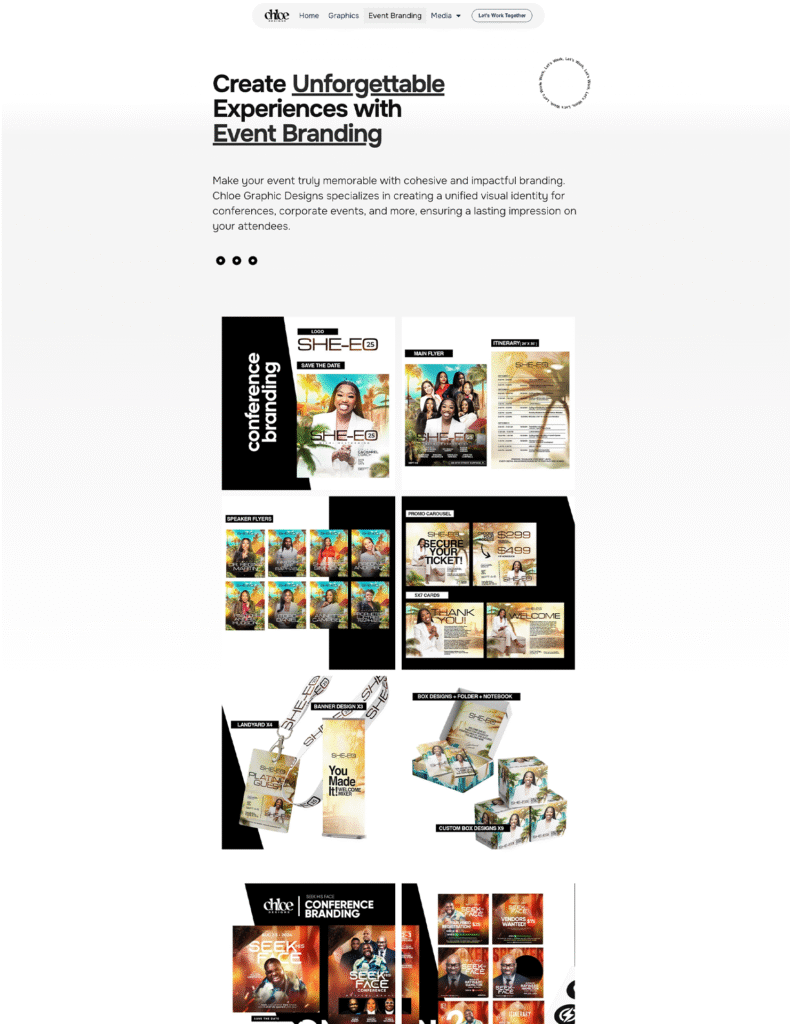 A digital gallery showcasing Chloe Darby Designs’ work in logo creation, flyer design, and large-scale conference branding.