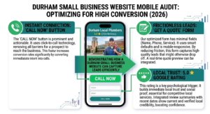 highconvertingdurhamsmallbusinesswebsiteauditwebp Up Creative Media A transparent infographic style image showing a modern smartphone screen audit for a high converting Durham small business website A visualization highlights key components CALL NOW button Instant Connection GET A QUOTE form Frictionless Leads and 50 ⭐ Google Rating Local Trust demonstrating how a Durham small business website can capture leads efficiently